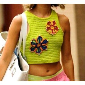 Zara Chunky Knit Crop Top With Beaded Flowers Size Large Vibrant Colorful Hippie
